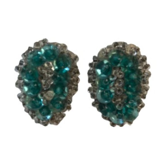 Vintage Silver Blue Teardrop Beaded Stud Earing - Picture 1 of 6